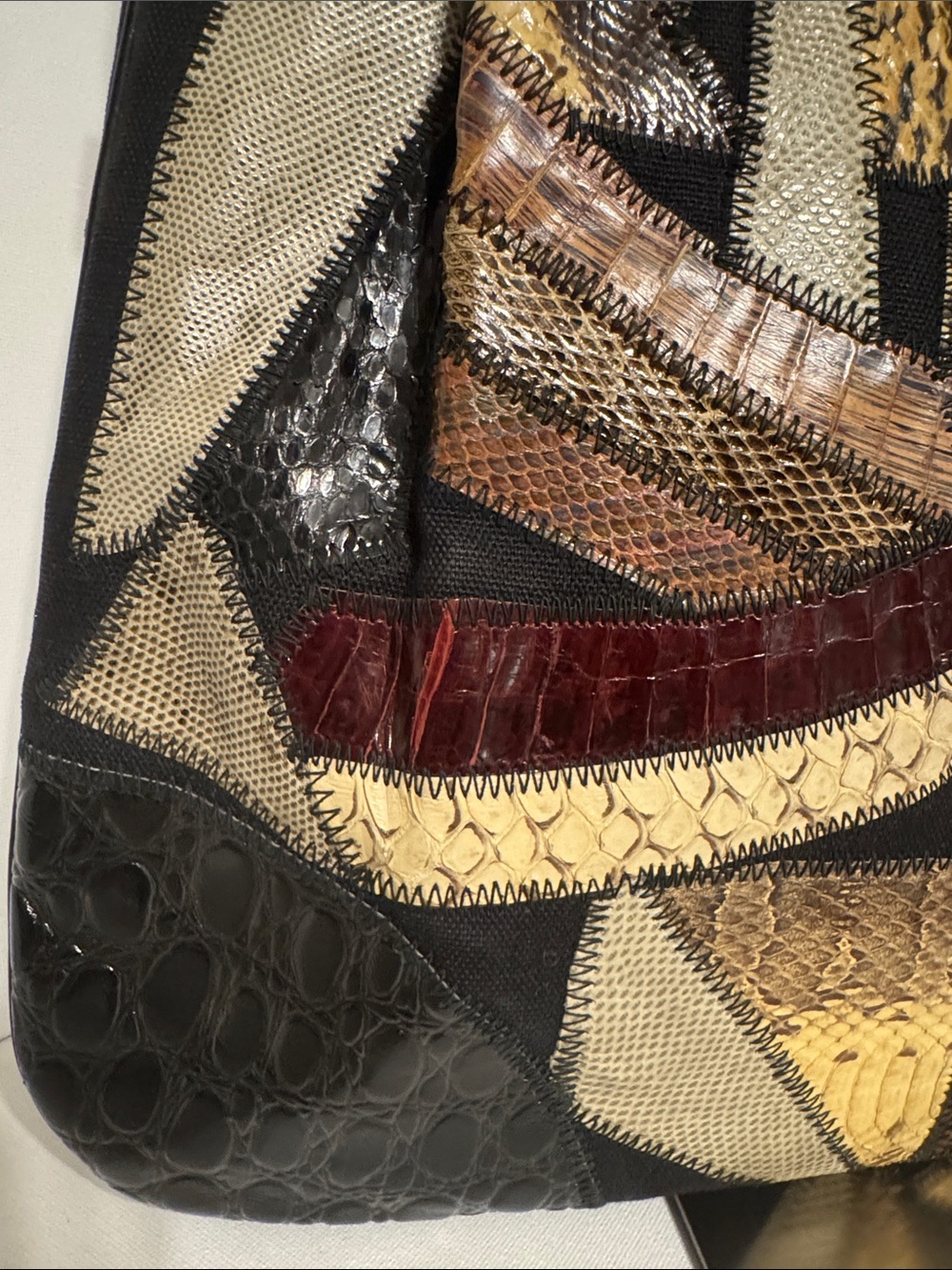 Vintage Bags By Varon Patchwork Exotic Leather Snakeskin Tote Shoulder Bag - Picture 5 of 12